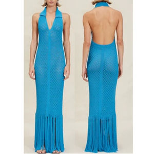 Devon Windsor Backless Silky Fringe Trim Nikita Maxi Dress Blue Women's Size XS